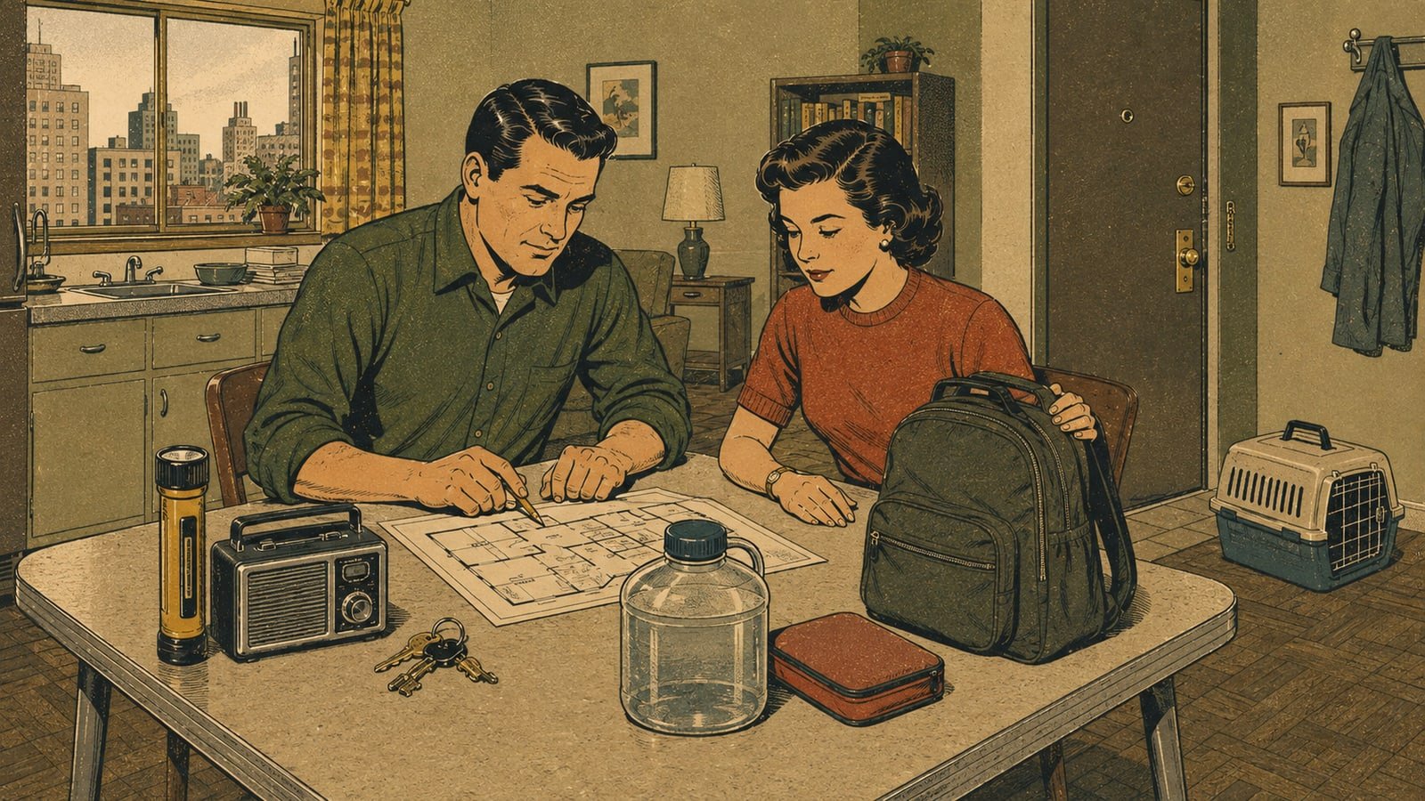 Apartment renters calmly reviewing an emergency floor plan beside a compact go-bag, radio, flashlight, water, keys, and pet carrier