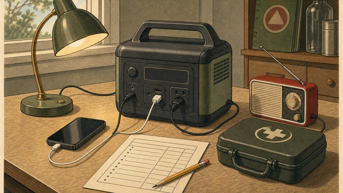 Portable power station supplying a lamp, phone, and radio beside a wattage checklist and medical-device case