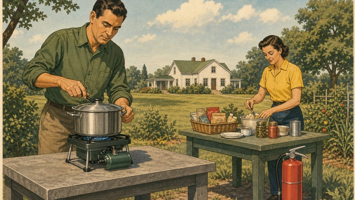 Household preparing a no-cook meal while a camp stove is used outdoors away from the home