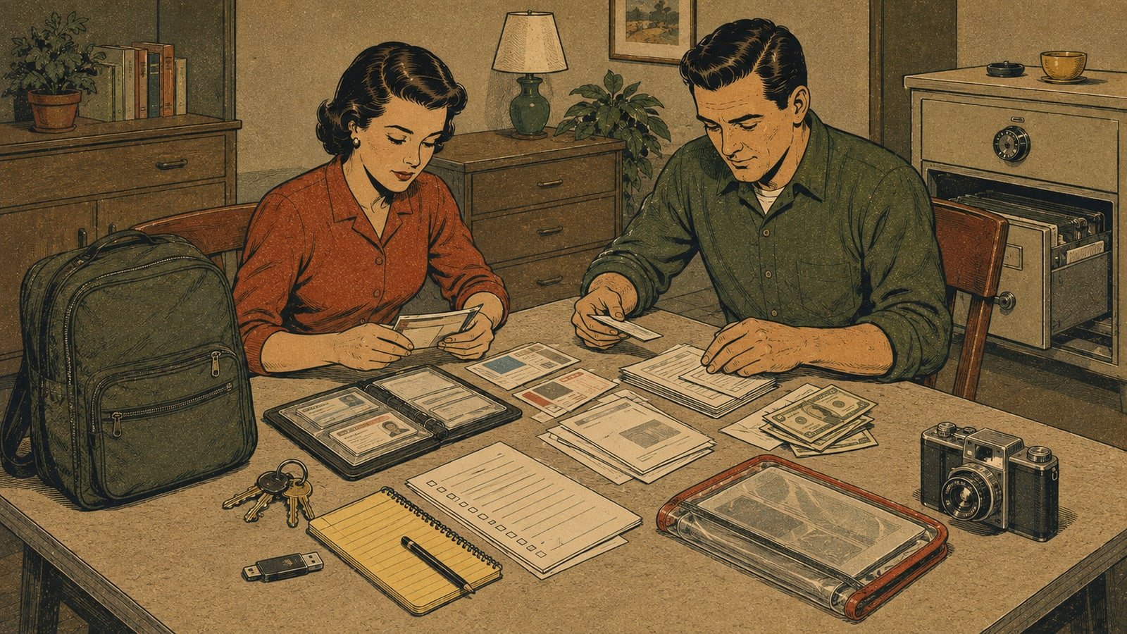 Household calmly organizing protected document copies, keys, a small cash reserve, a camera, notebook, and encrypted drive