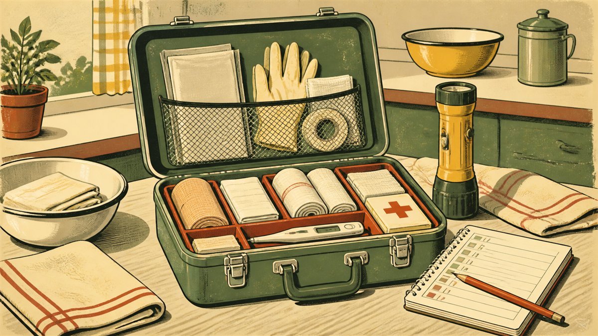 Organized emergency medical kit with bandages, gloves, thermometer, flashlight, and written checklist