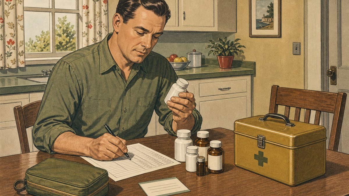 Adult reviewing a medication record and emergency storage supplies at a kitchen table