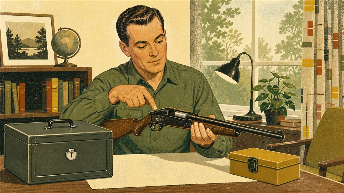 Responsible adult demonstrating an unloaded firearm beside locked firearm and separate ammunition storage containers