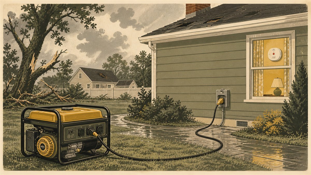 Portable generator operating outdoors away from a storm-damaged home with a carbon monoxide alarm inside