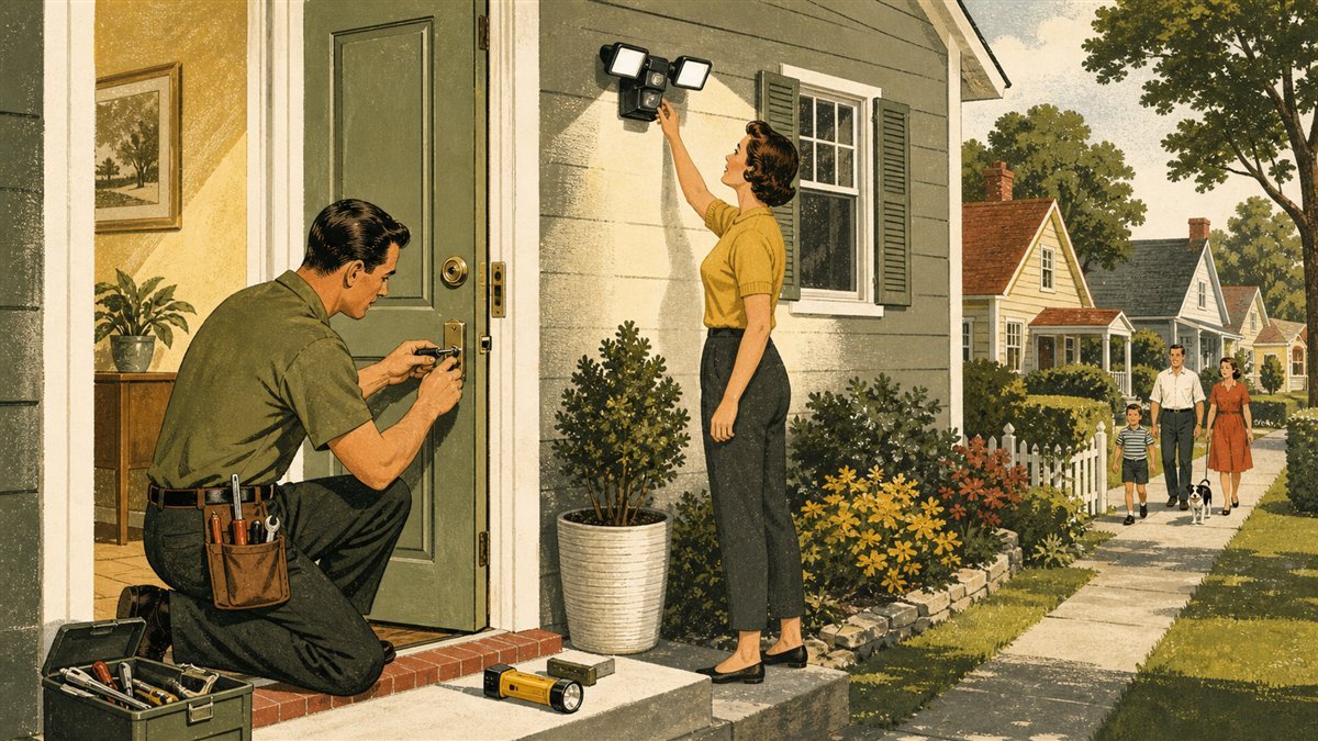 Locksmith reinforcing a home's front door while the homeowner checks motion lighting and a visible house number