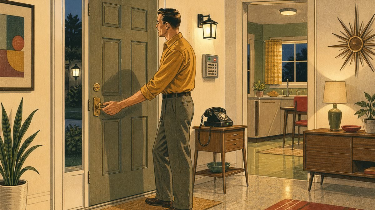 Adult checking a door lock, exterior light, alarm, and clear home exit route