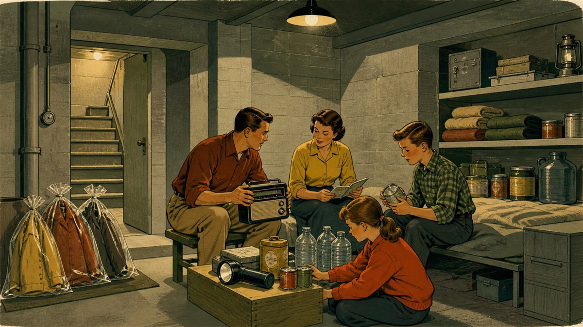 Family sheltering in the center of a substantial basement with radio, sealed water, food, and flashlights