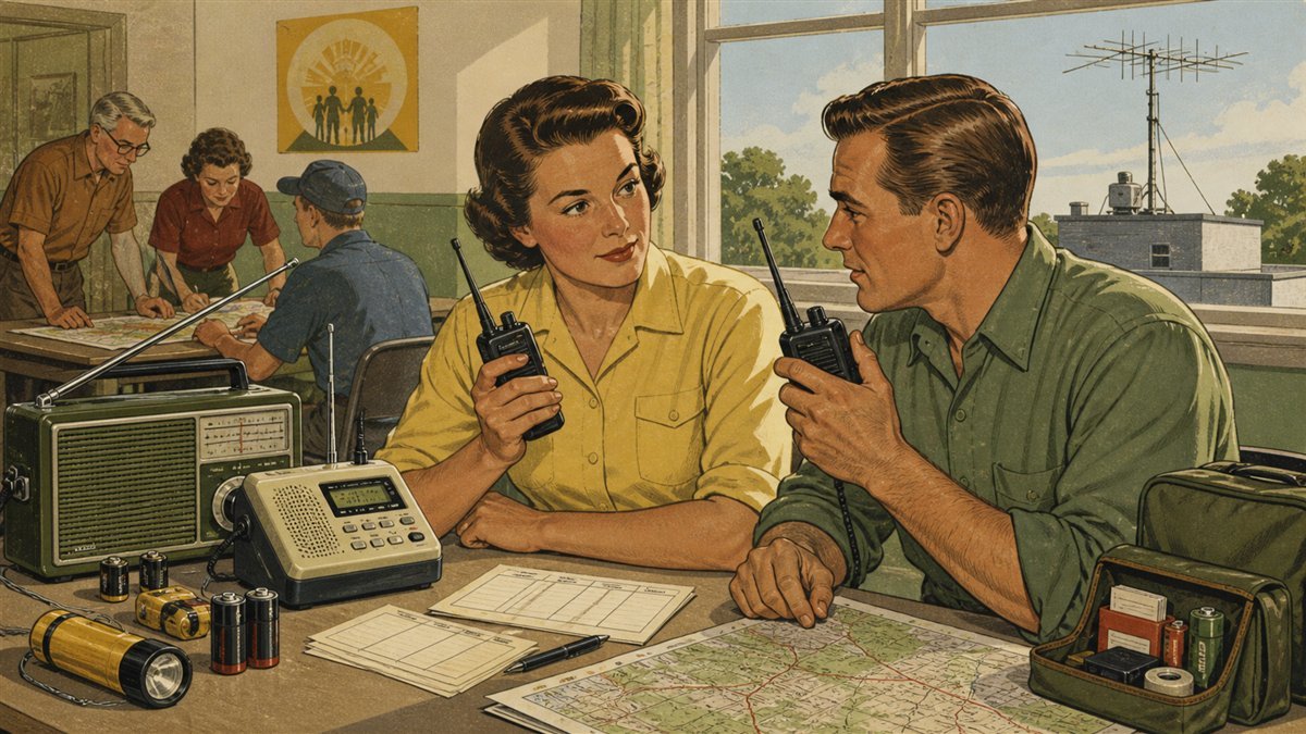 Neighbors practicing handheld radio communication with weather receivers, spare batteries, maps, and channel plans