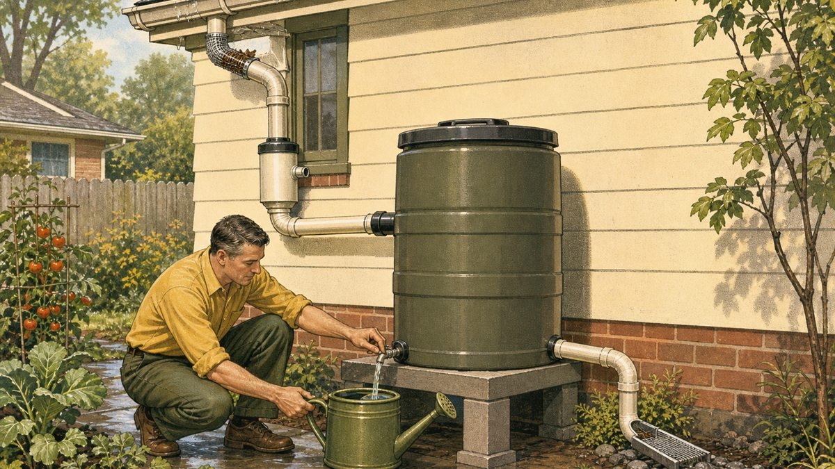 Adult inspecting a screened rain barrel, first-flush diverter, overflow, and garden watering can