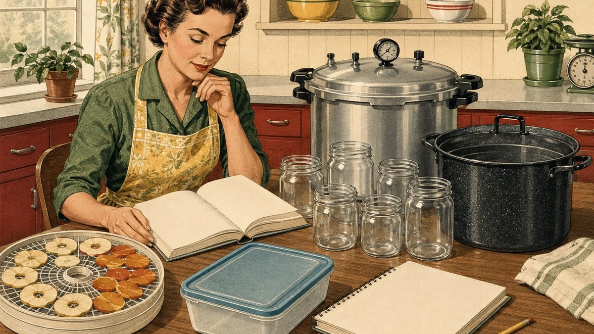 Adult reviewing a home food-preservation guide beside clean jars and canning equipment