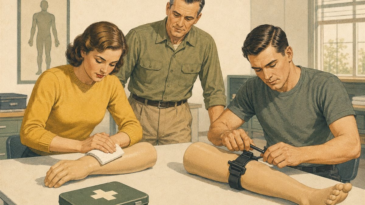 Adults practicing bleeding control on training aids during a supervised first-aid class