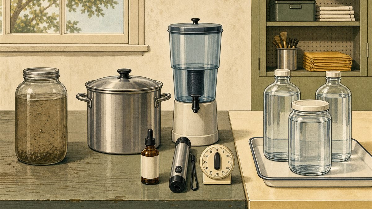 Emergency water-treatment tools arranged in separate untreated and clean-water work areas