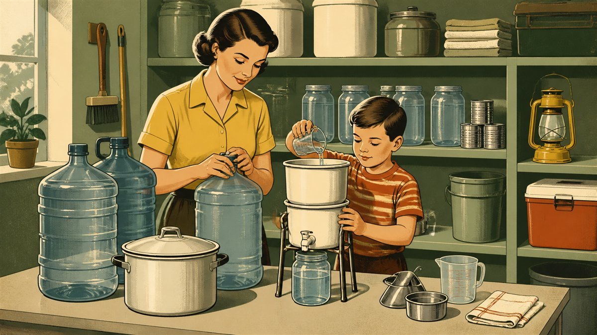 Family organizing food-grade water containers and a gravity filter in a home utility room