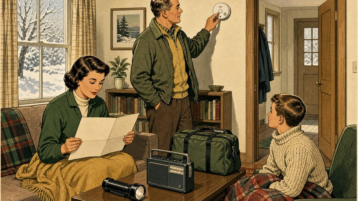 Household using warm layers and checking a carbon-monoxide alarm during a winter outage